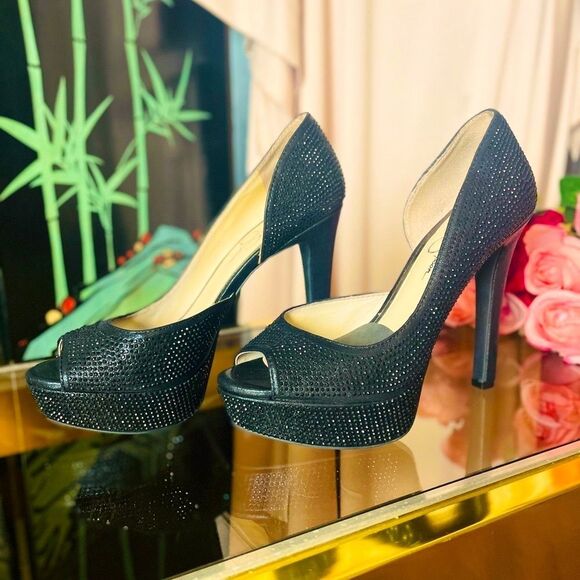 ♥️ Jessica Simpson Black Rhinestone Peep-Toe d’Orsay Pumps - Picture 3 of 13